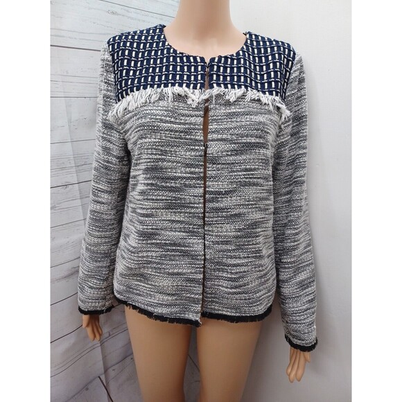 Chicos Sz 1 (M) Black Ivory Open Front Cardigan Jacket Fringed - Picture 2 of 12